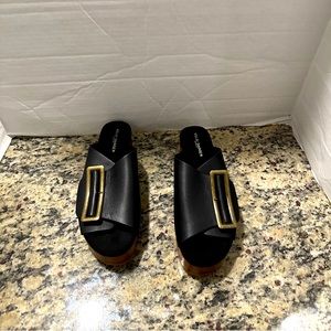 Kelsi Dagger Black Slide Platform Sandals with Gold Buckle